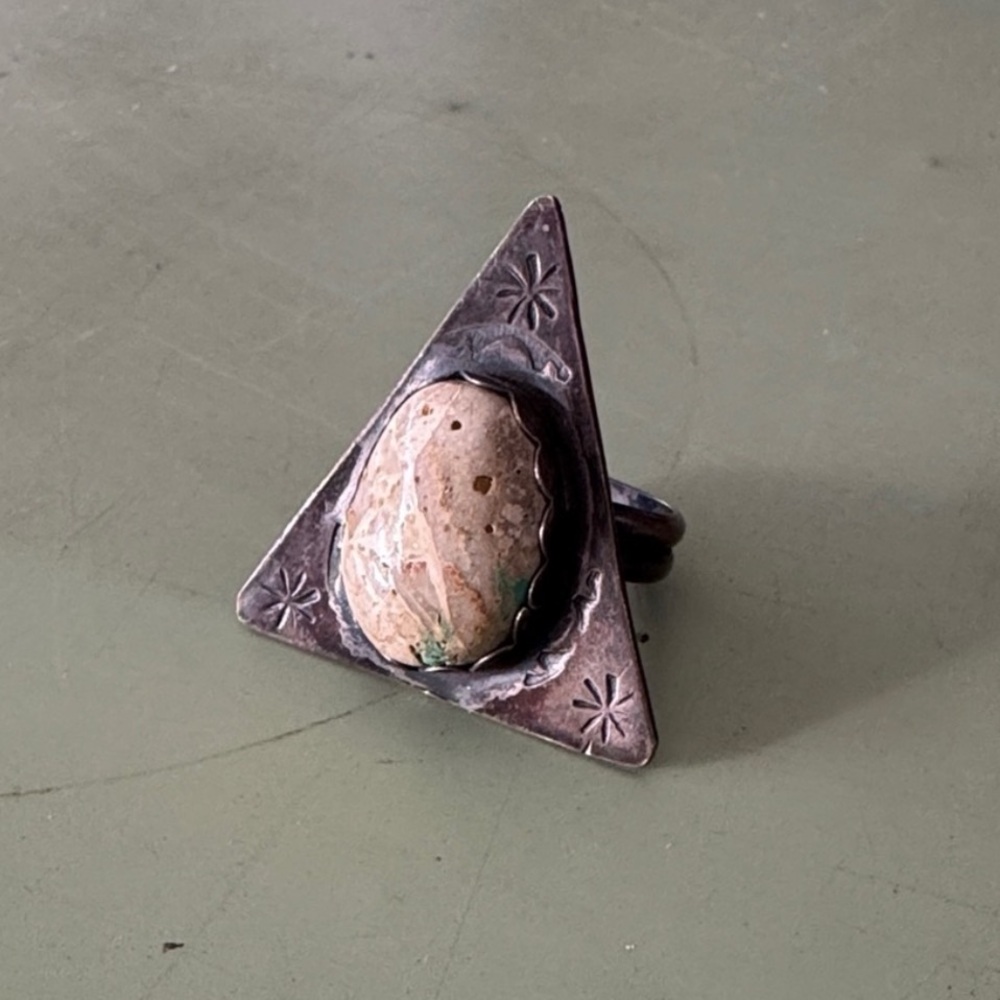 Triangular Sterling Silver Ring with Stone, 8.5